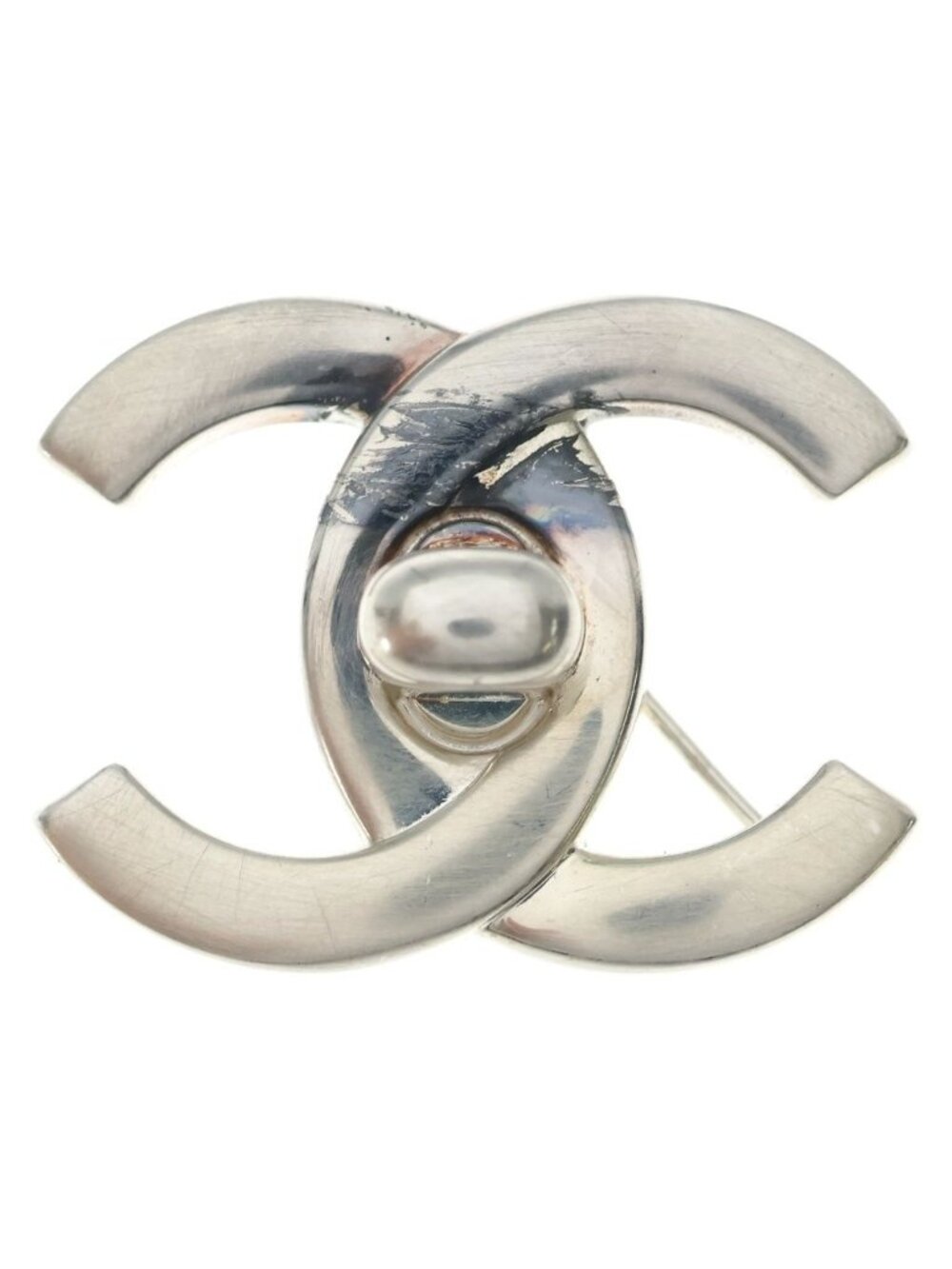 Chanel CC Logo Turnlock Brooch Silver Metal
